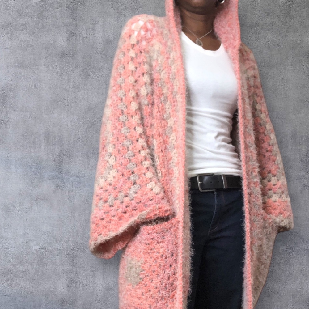 Olivia Hooded Crochet Long Duster Cardigan Sweater w/Pockets fits up to XL